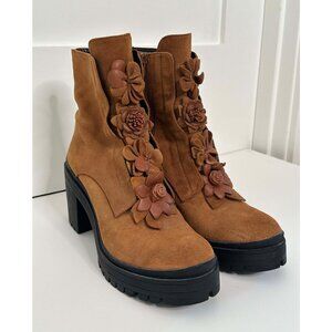 Anthropologie, Bruno Premi Tan Suede Floral Lug Sole Boots, Size 41 / 9.5-10